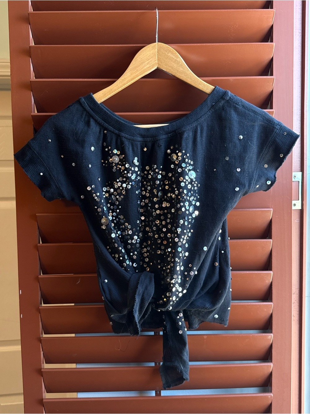 Free People Black Sequin Tie-Front Top